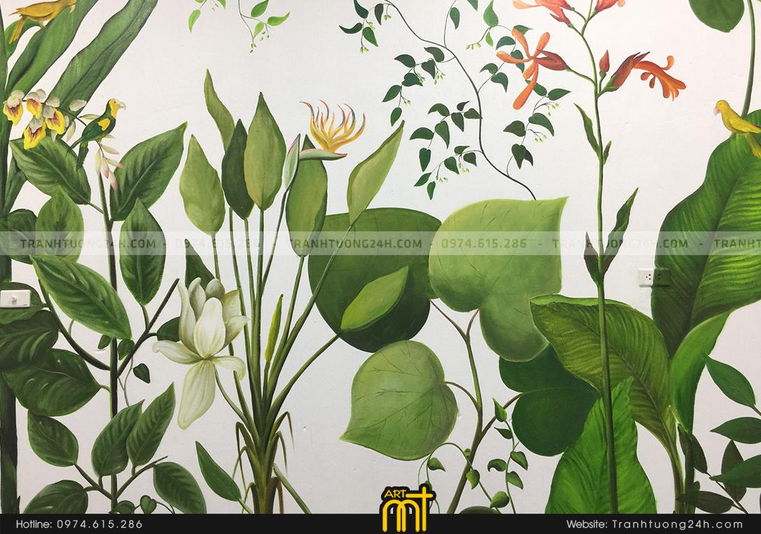tranh vẽ tường quán ăn hoa lá đơn giản