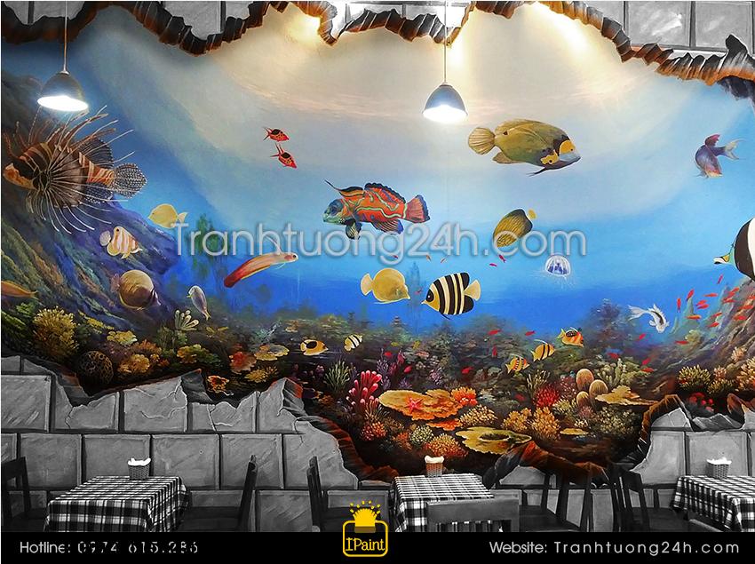 Tranh tường 3D vẽ đại dương quán cafe